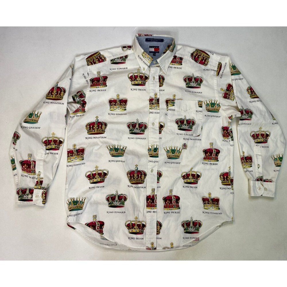 Tommy Hilfiger White Button-Down Shirt with Red and Green Crown Print
